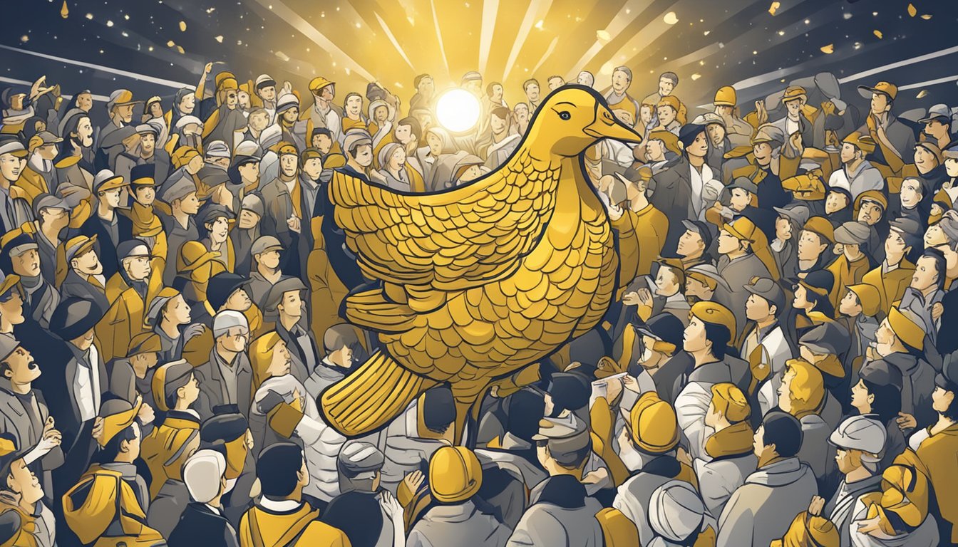 A shining golden goose surrounded by a crowd, with a spotlight on it. A sign with "Frequently Asked Questions superstar golden goose deluxe brand venezia" in bold letters
