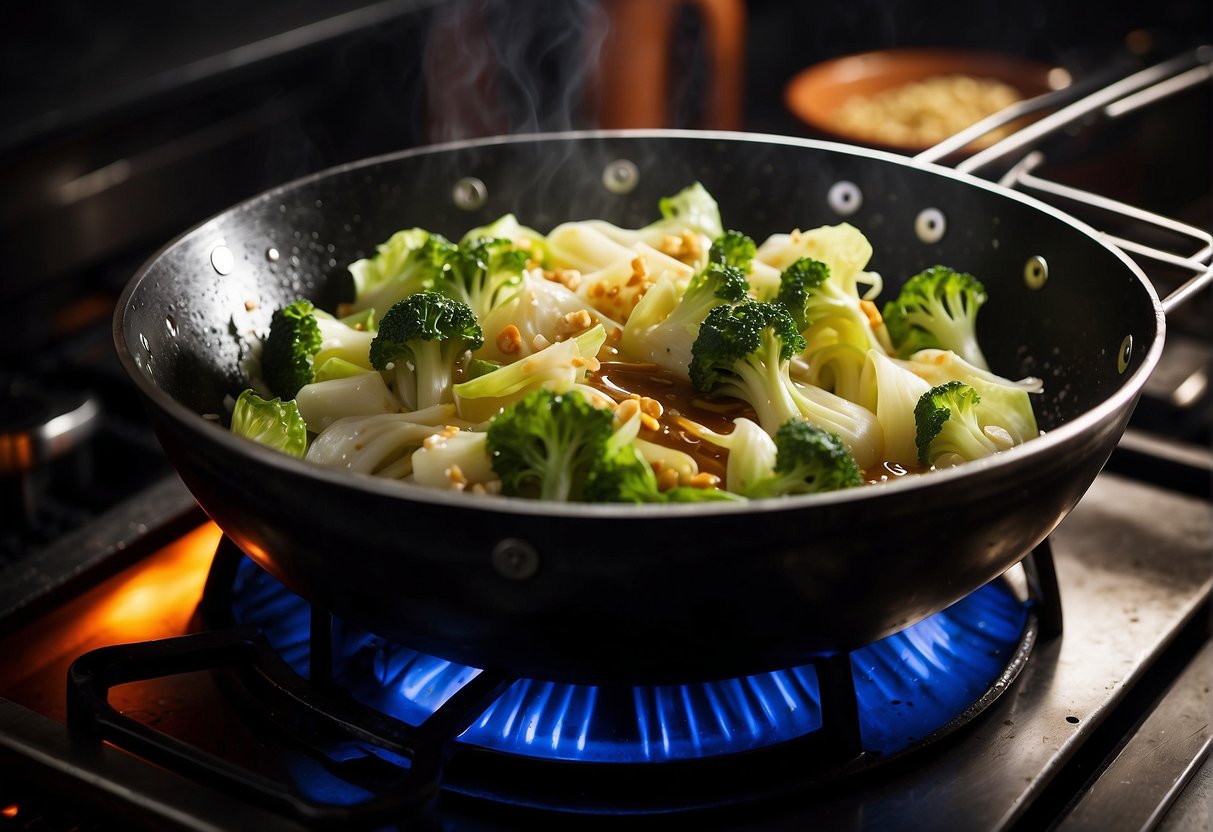 A wok sizzles as Chinese celery cabbage is stir-fried with garlic and soy sauce. Steam rises from the pan, filling the kitchen with savory aromas