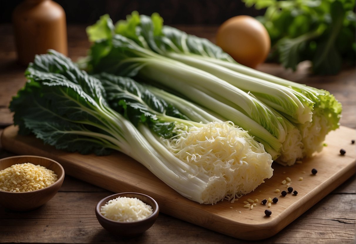 A vibrant bunch of Chinese celery cabbage sits on a wooden cutting board, surrounded by fresh ingredients and a recipe book open to a page titled "Health Benefits of Chinese Celery Cabbage."