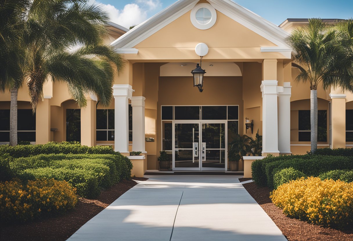 A sunny Florida landscape with a modern building, signage, and a welcoming entrance for an assisted living facility