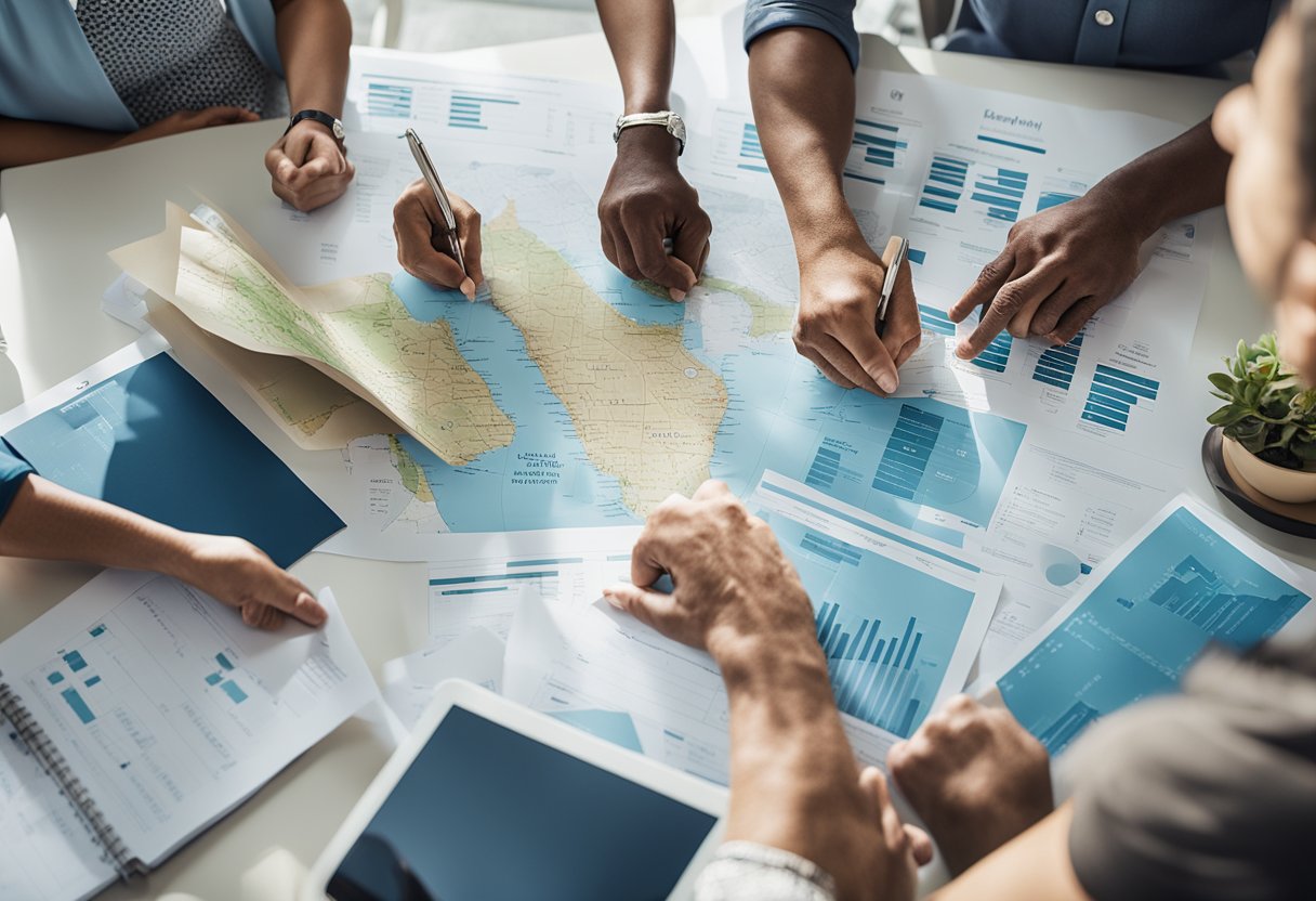 A group of individuals are gathered around a table, brainstorming and discussing ideas for starting an assisted living facility in Florida. Charts, graphs, and maps are spread out, as they work on developing a comprehensive business plan