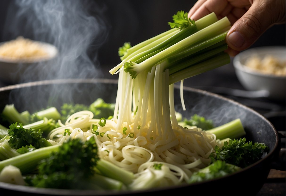 Chinese celery being chopped, garlic sizzling in a hot pan, and the aroma of soy sauce filling the air