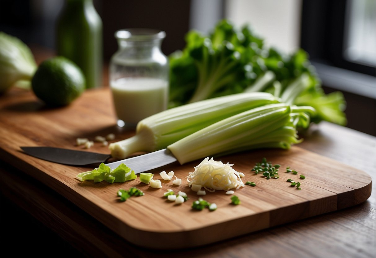A cutting board with fresh Chinese celery and cabbage, a sharp knife, and various seasonings arranged neatly on a kitchen counter