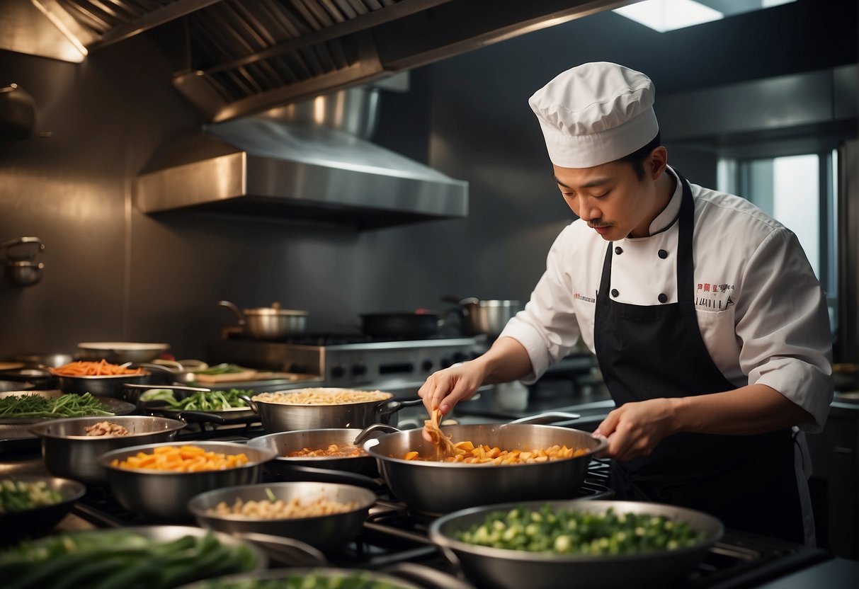 A chef prepares gluten-free Chinese dishes in a bustling kitchen, surrounded by traditional ingredients and cooking utensils