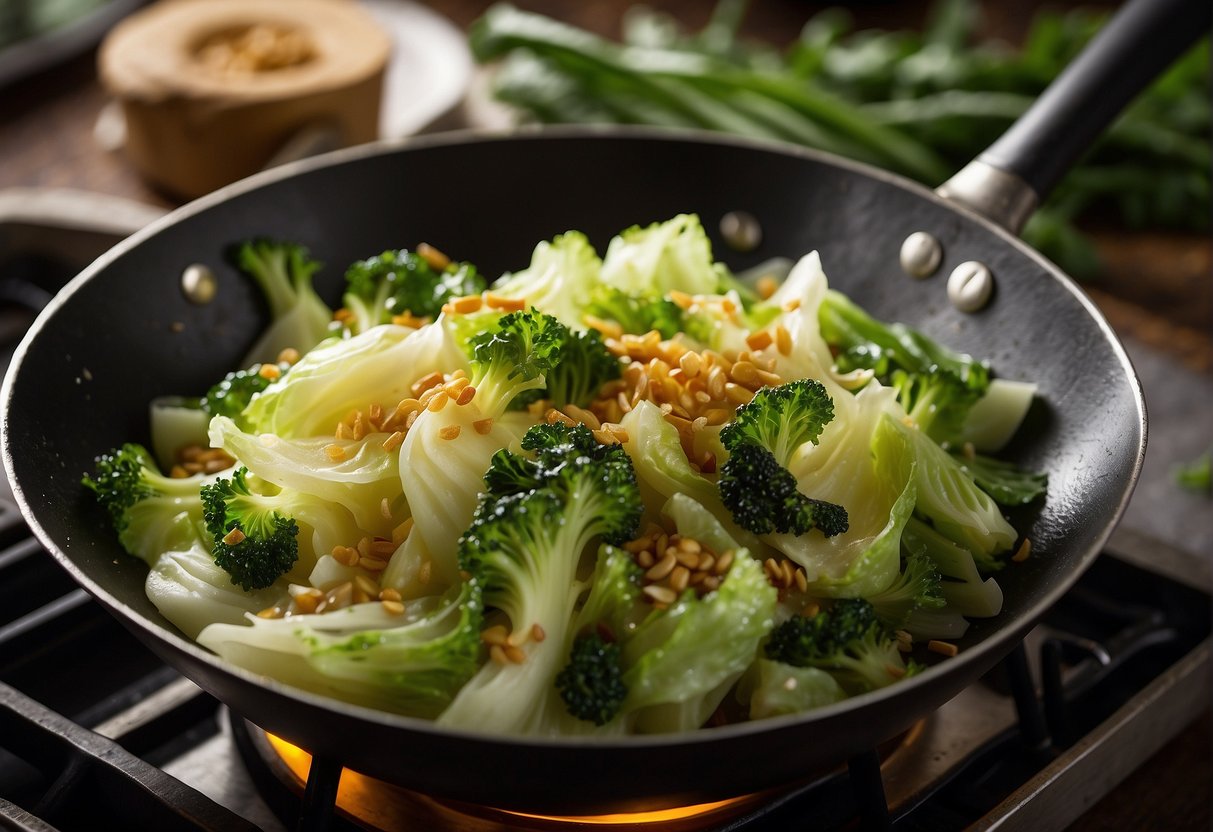 A wok sizzles as Chinese celery cabbage is stir-fried with garlic and soy sauce. Green leaves glisten in the light, emitting a savory aroma