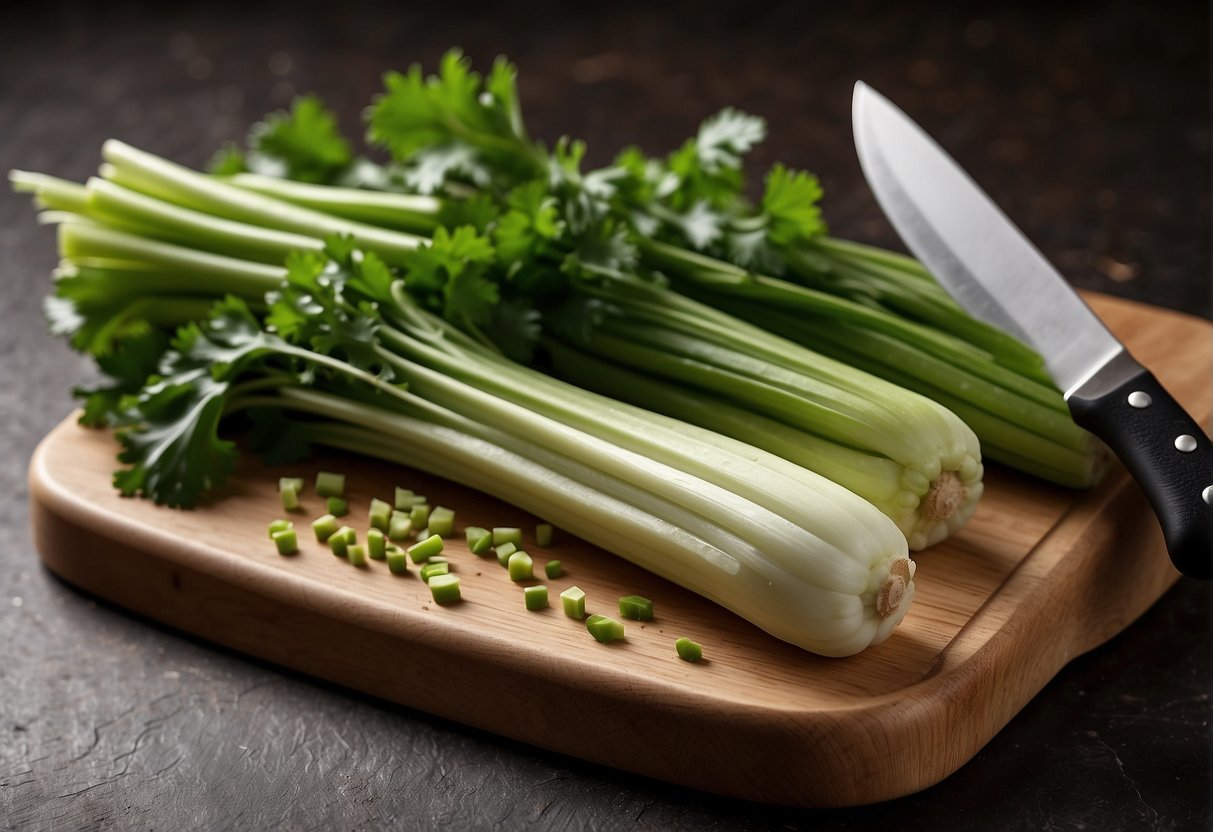 Fresh chinese celery on a cutting board with a knife, surrounded by various ingredients and a nutritional information label