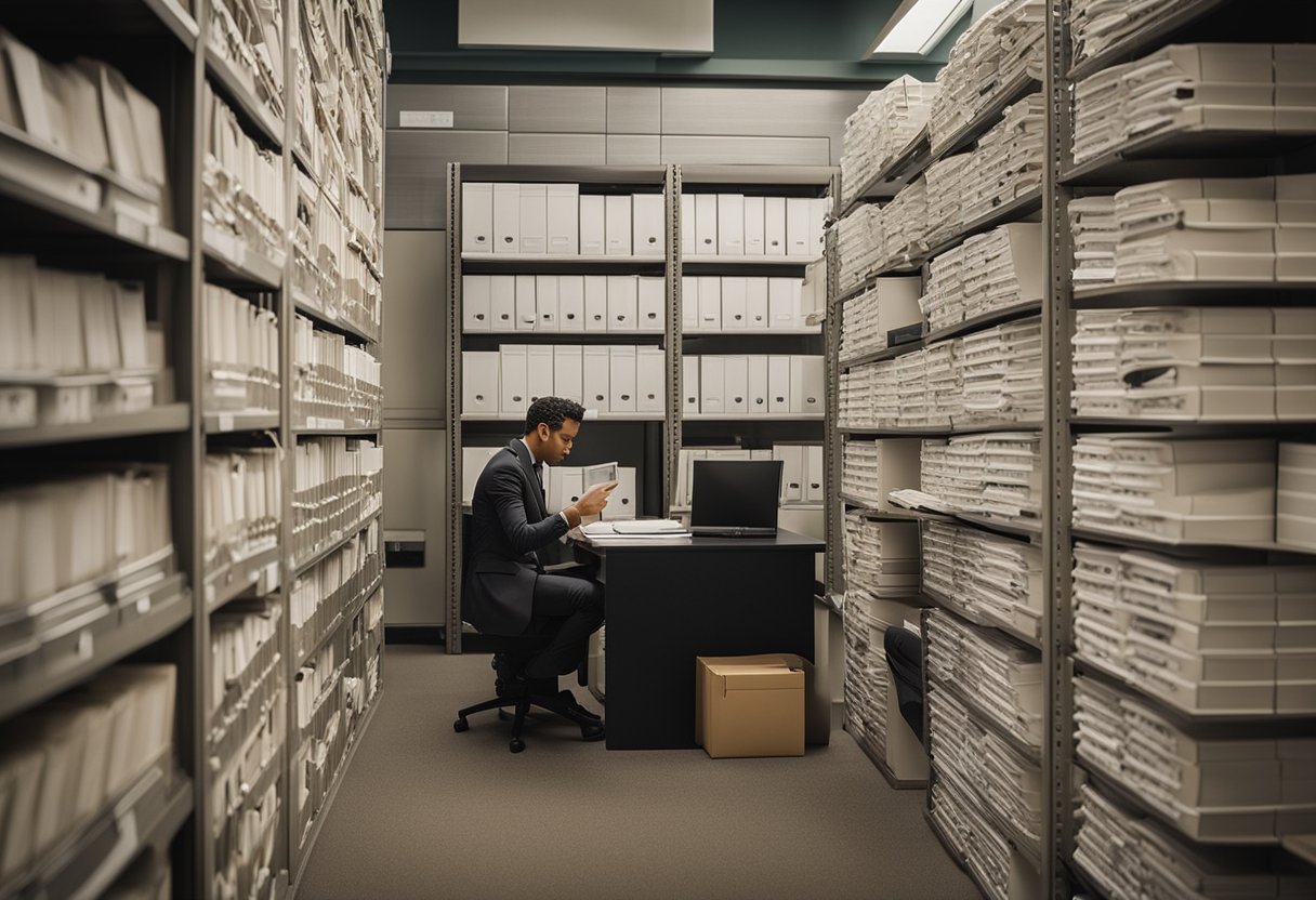 A person filling out paperwork at a government office, surrounded by shelves of binders and files, with signs on the walls about licensing and permits