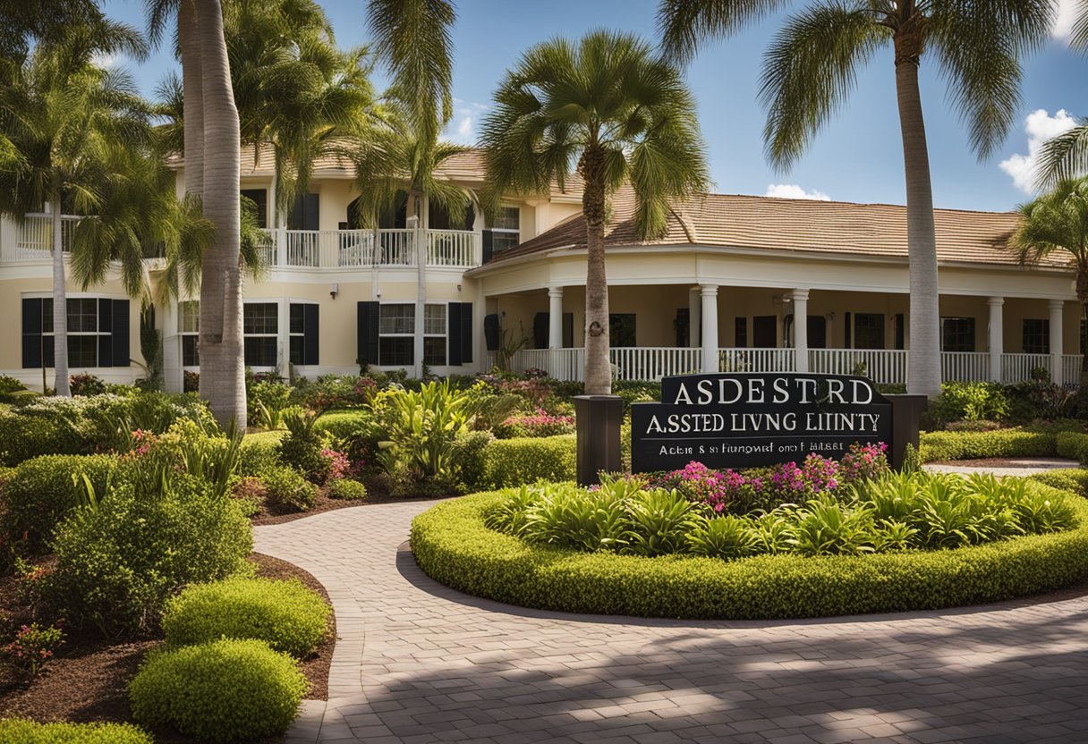 A sunny Florida landscape with a modern, welcoming building and lush gardens. A sign reads "Assisted Living Facility" and a diverse group of elderly residents enjoy outdoor activities
