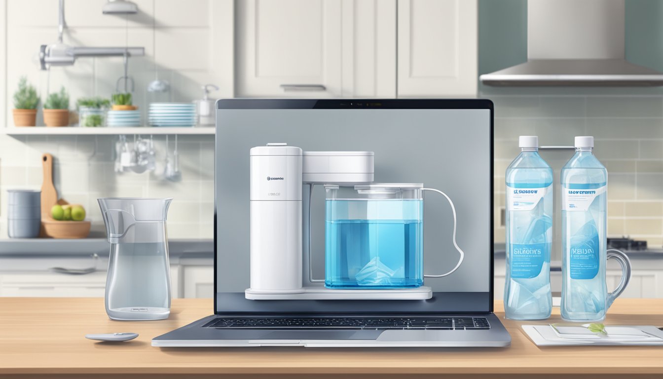 A water purifier sits on a kitchen counter, surrounded by clean glasses and a pitcher of water. A laptop displays an online shopping page with the "buy now" button highlighted