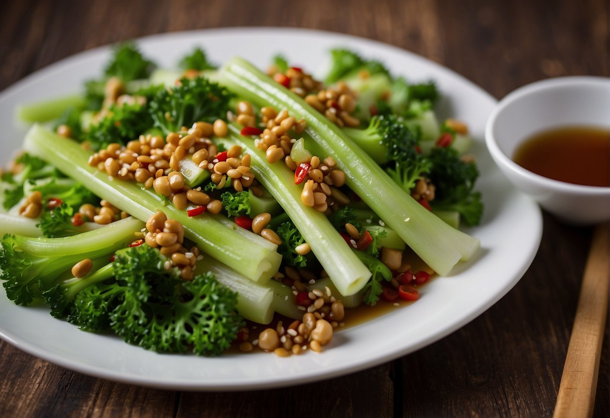 A plate of stir-fried Chinese celery with garlic and soy sauce, garnished with sesame seeds and red chili flakes, served on a wooden table