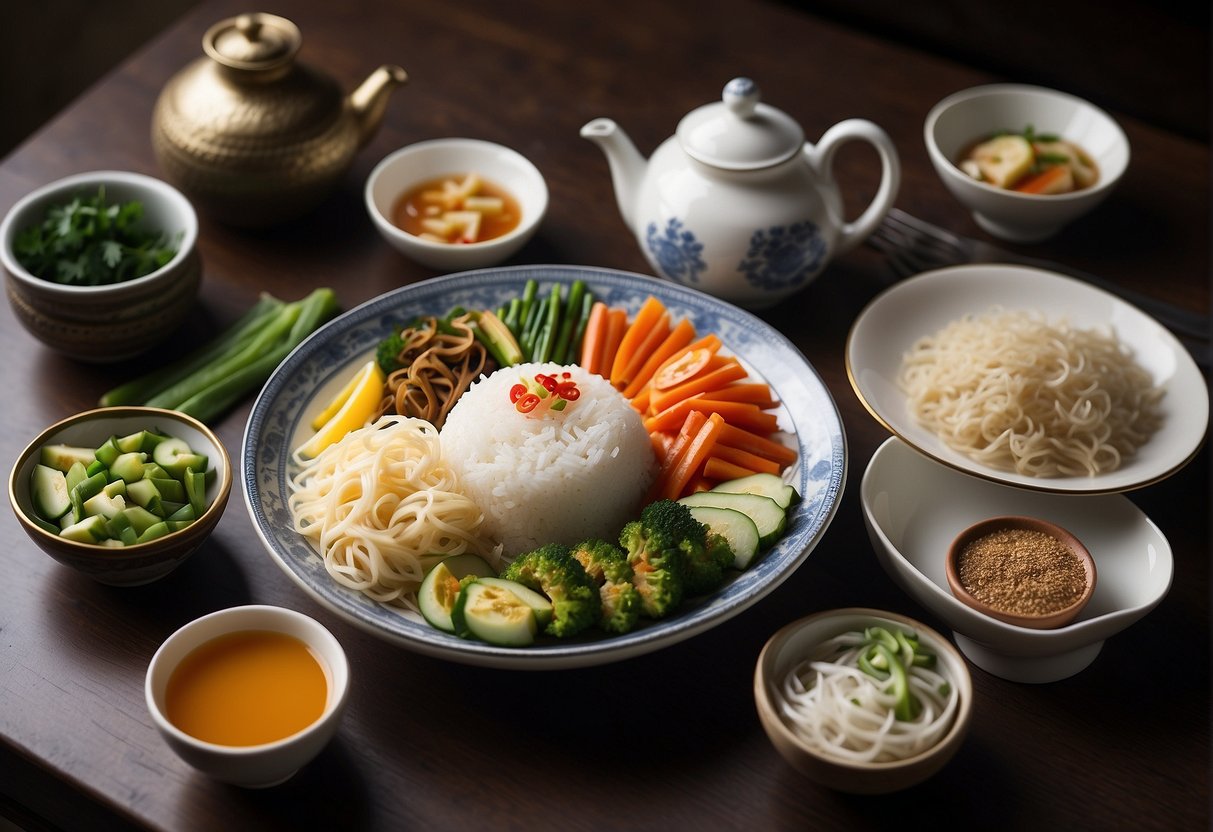 A table set with gluten-free Chinese dishes, including stir-fried vegetables, steamed fish, and rice noodles, surrounded by chopsticks and a teapot