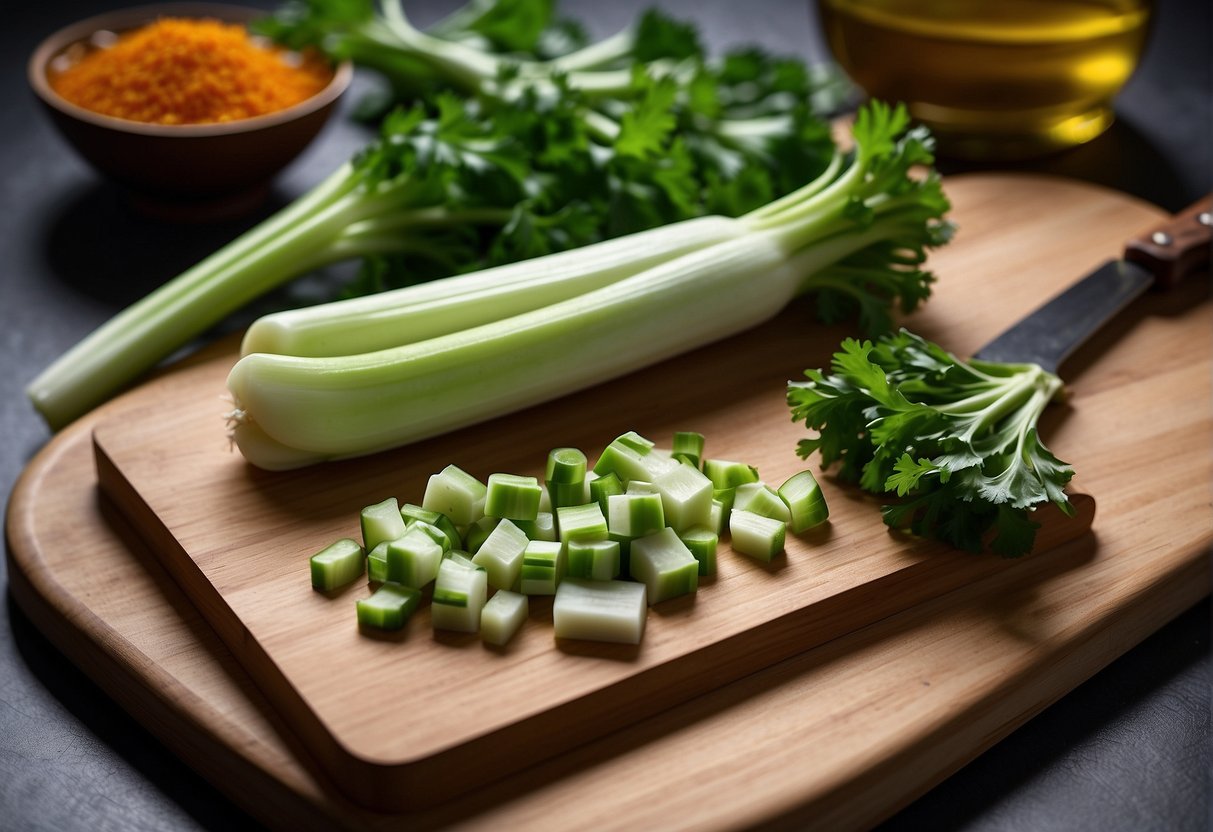 A chopping board with fresh Chinese celery, a knife, and a bowl of seasoning ingredients