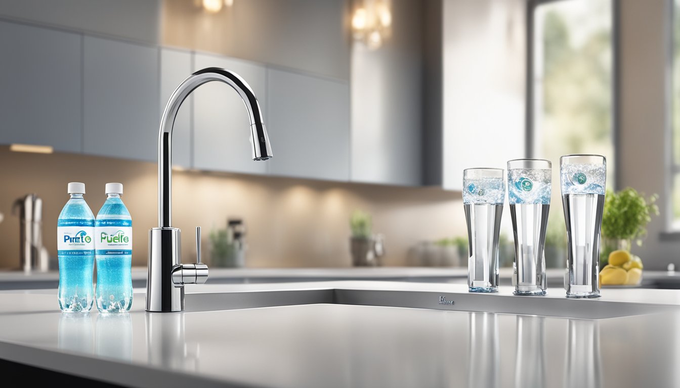 A Pureflo water purifier stands on a clean countertop, surrounded by sparkling glasses and a flowing faucet. The logo is prominently displayed, conveying trust and purity