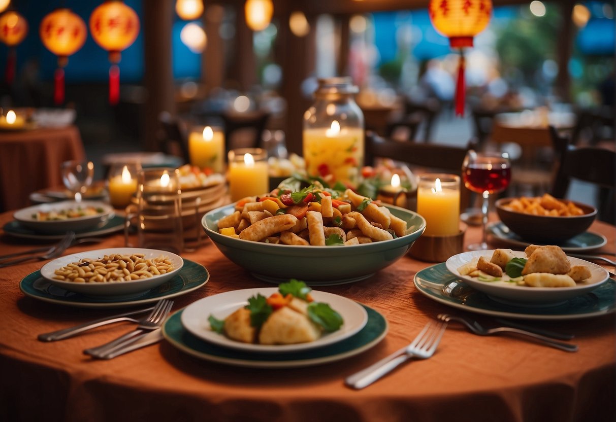 A table set with colorful gluten-free Chinese dishes for a festival. Lanterns and decorations add to the festive atmosphere