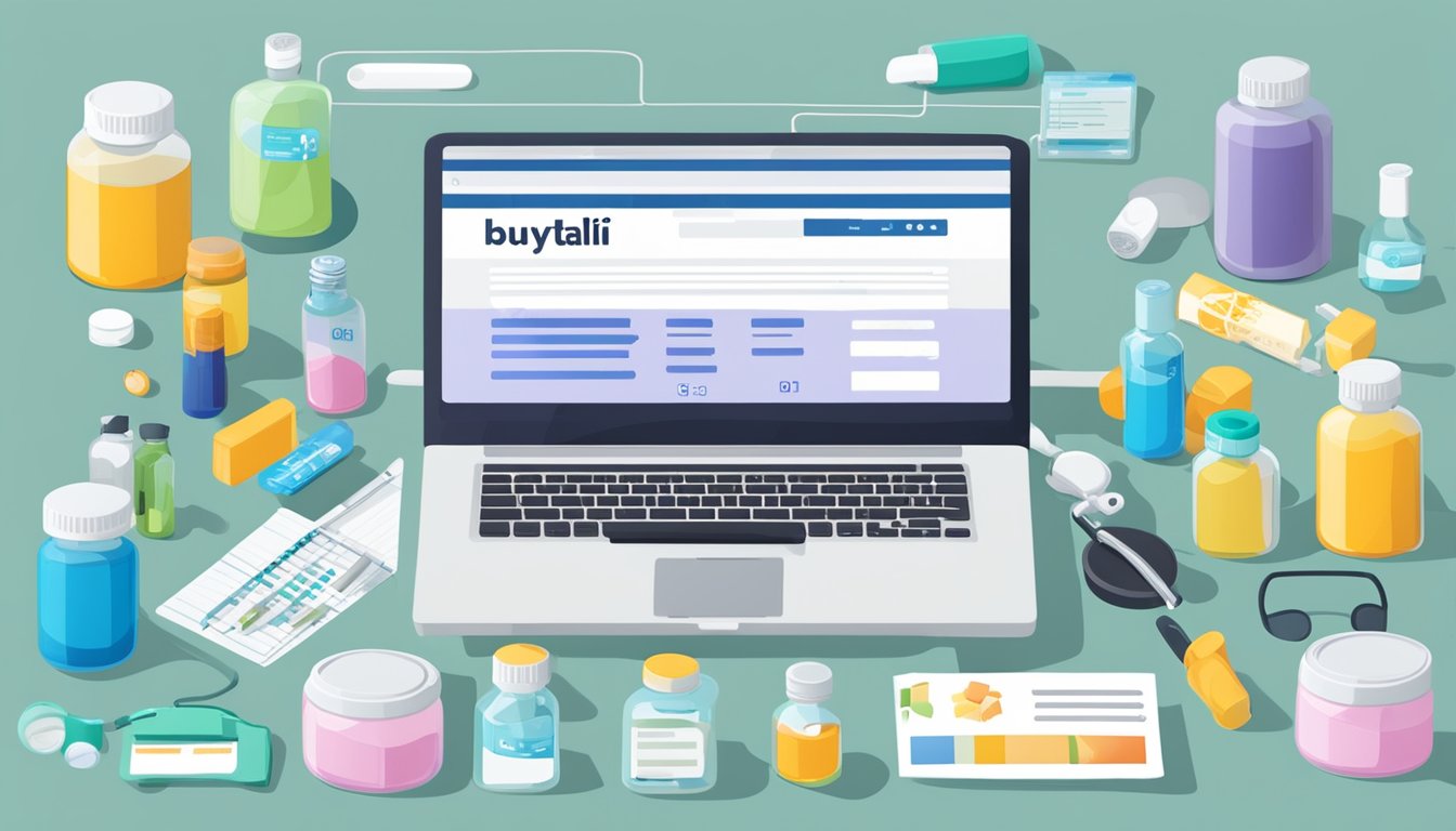A computer screen displaying a website with a "buy tadalafil online uk" button, surrounded by various medical supplies and prescription bottles