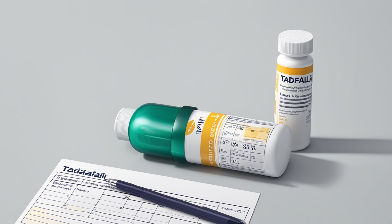 A bottle of Tadalafil pills sits on a clean, white countertop next to a prescription pad and a pen. The label on the bottle is clear and easy to read