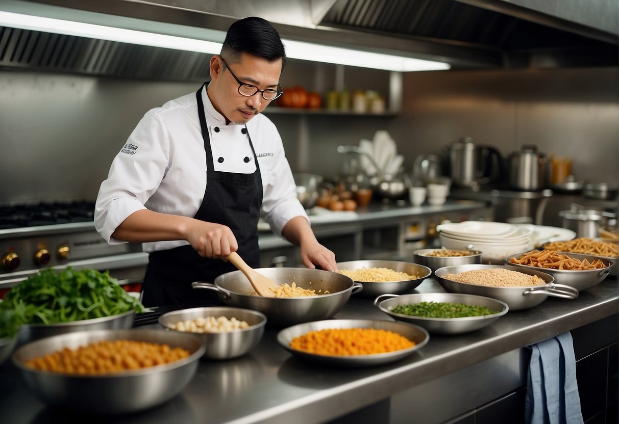 A bustling kitchen with a chef preparing gluten-free Chinese dishes, surrounded by various ingredients and cooking utensils