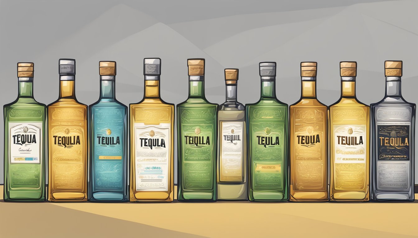 A table with various tequila bottles arranged in a row, each labeled with different varieties. A laptop displaying a website for buying tequila online