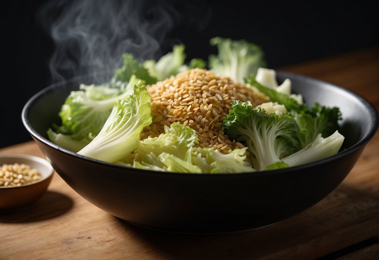 Chinese celery cabbage being chopped and stir-fried in a wok with garlic and ginger, seasoned with soy sauce and sesame oil