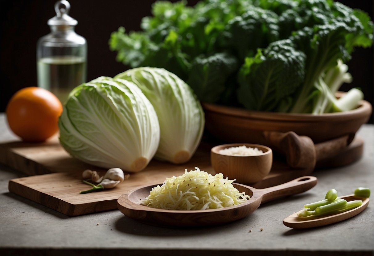 A table with various ingredients like Chinese celery and cabbage, a cookbook open to the "Frequently Asked Questions" section, and a chef's knife