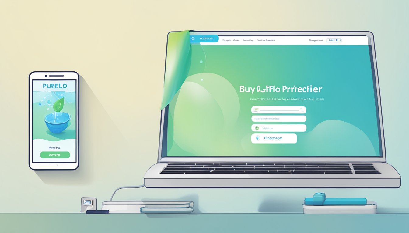 A computer screen displaying the Pureflo Water Purifier website. A hand cursor hovers over the "buy now" button. A cart icon shows the item added