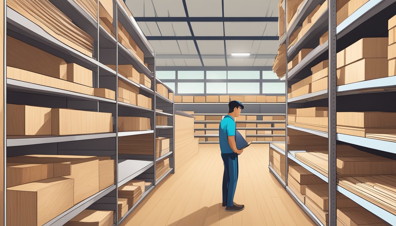 A person examines a variety of plywood sheets in a Singaporean hardware store. Different types and sizes are neatly stacked on shelves