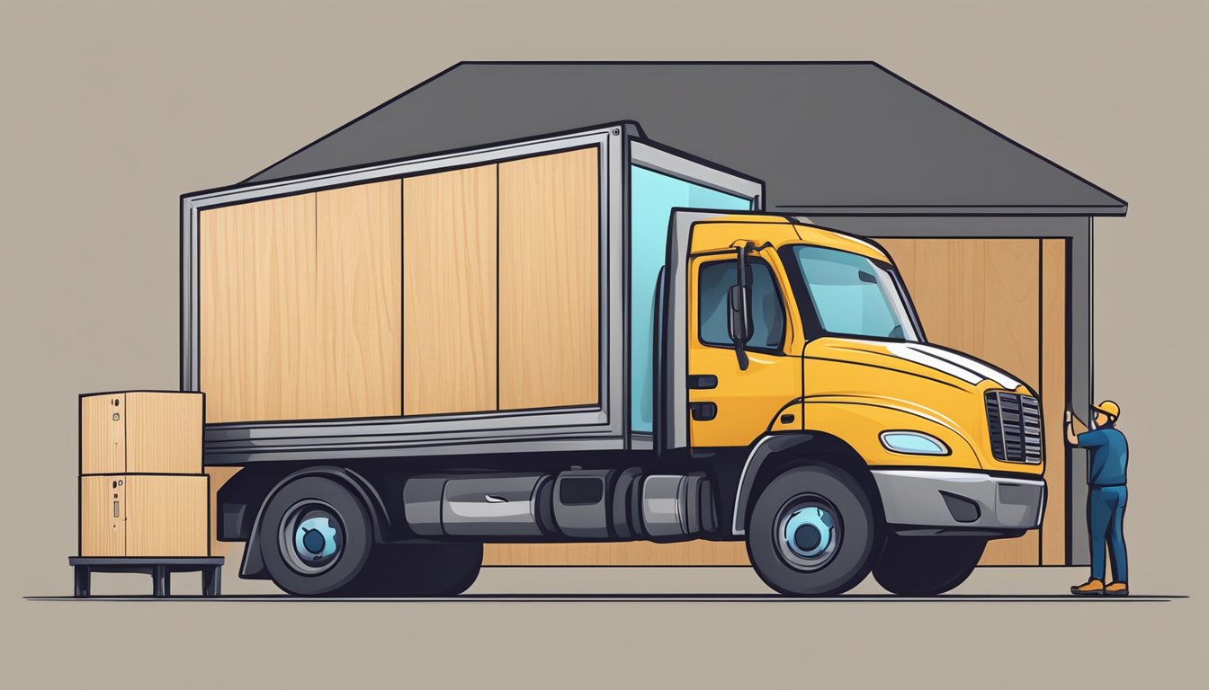 A customer orders plywood online, a delivery person loads it onto a truck, and delivers it to the customer's location