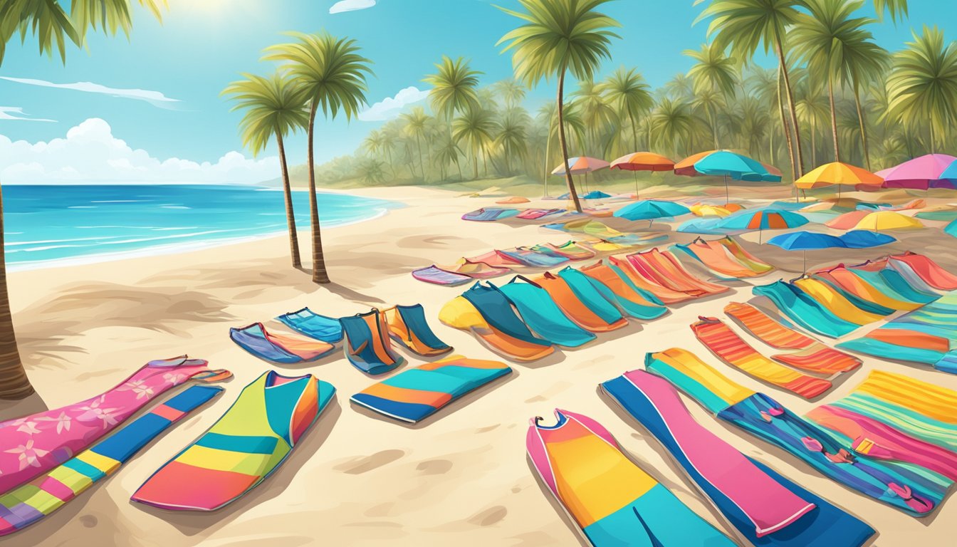 A display of colorful swimsuits arranged on a sandy beach with palm trees in the background. The sun is shining, and the clear blue ocean is visible in the distance