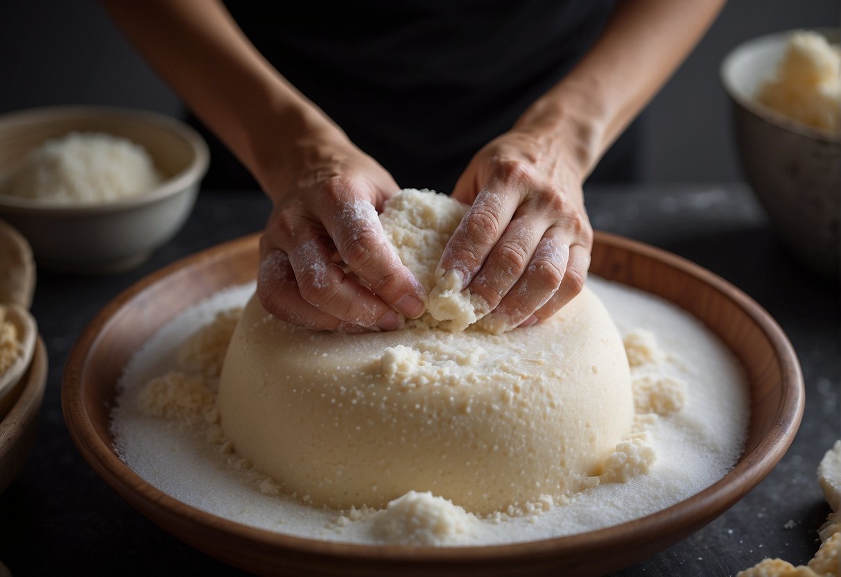 A pair of hands mixing glutinous rice flour, sugar, and water in a large bowl. The sticky dough is then shaped into round cakes and steamed until soft and chewy