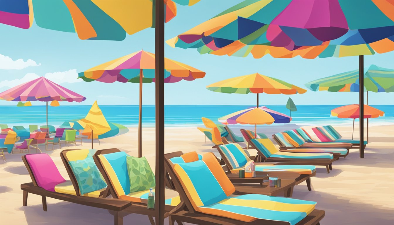A vibrant beach scene with colorful umbrellas and lounging chairs, showcasing the top swimsuit brands on display in a trendy beachfront boutique