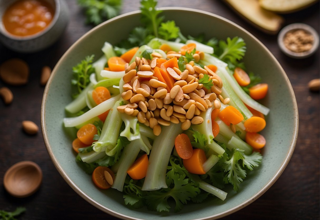 A bowl of Chinese celery salad with sliced celery, carrots, and peanuts, dressed in a tangy vinaigrette