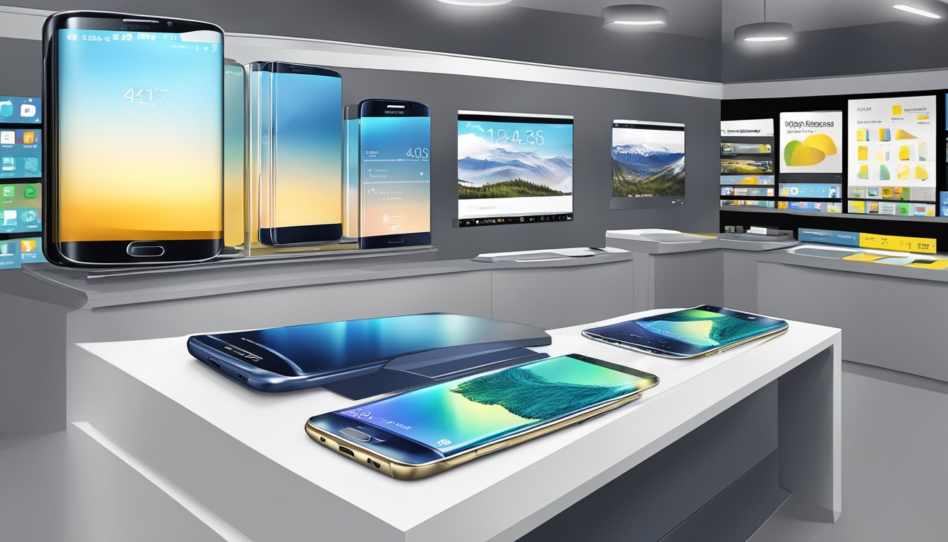 The Samsung Galaxy S6 Edge is showcased in a sleek display at Best Buy, with bright lighting and clean, modern design elements