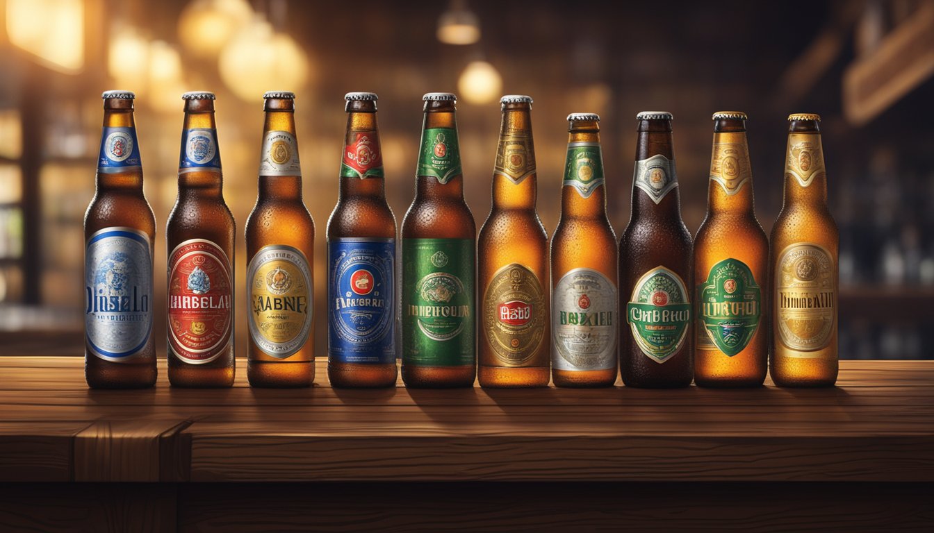 Various Taiwan beer brands displayed on a wooden bar counter with condensation on the bottles, surrounded by dimly lit ambiance