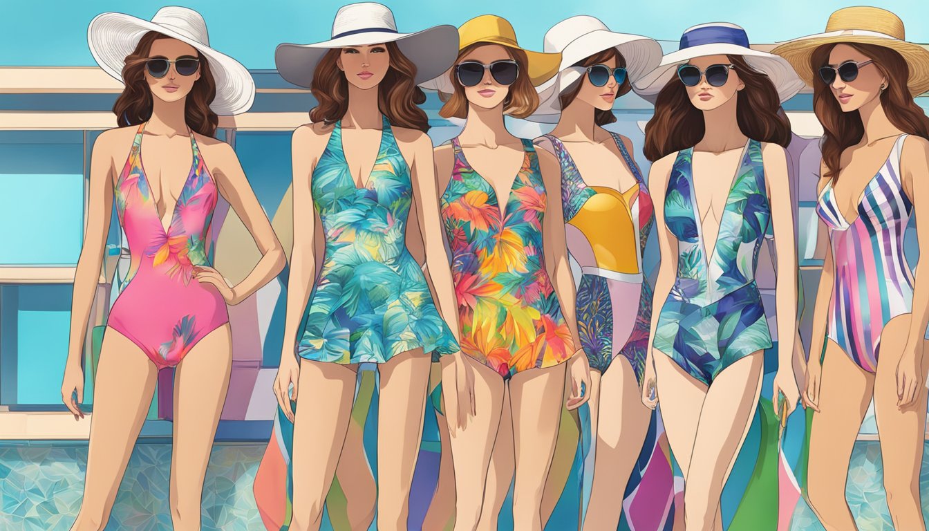 Vibrant swimsuit designs displayed on mannequins, showcasing various features and styles from different brands