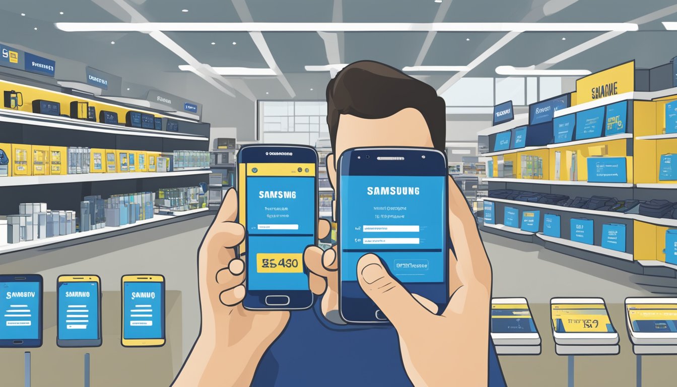 A customer browsing a display of Samsung Galaxy S6 Edge phones at a Best Buy store, with a sign above reading "Frequently Asked Questions."