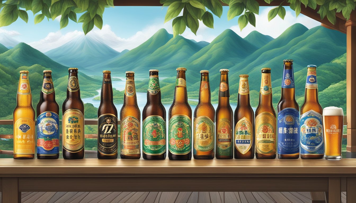 A table adorned with various Taiwanese beer brands, each bottle showcasing unique labels and colors. A backdrop of traditional Taiwanese scenery adds cultural context