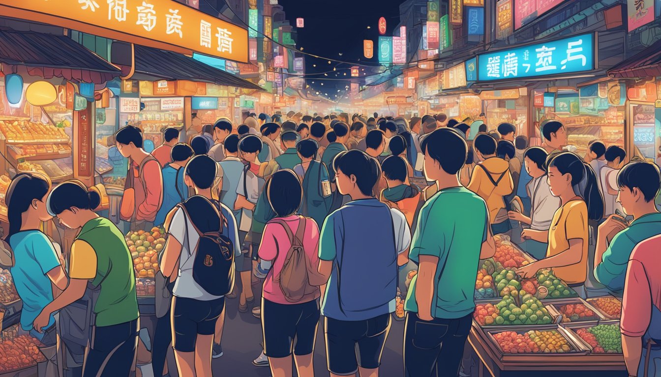 A crowded night market with colorful neon signs showcasing various Taiwan beer brands, reflecting the cultural impact and consumer trends