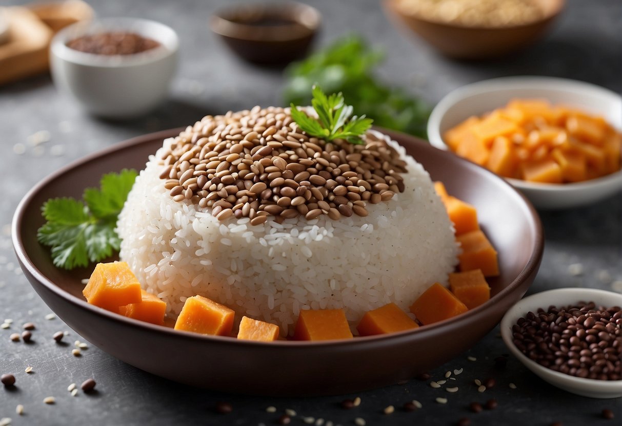 A table with ingredients: glutinous rice, sugar, sesame seeds, and red bean paste. Possible substitutions: regular rice, honey, poppy seeds, and sweet potato
