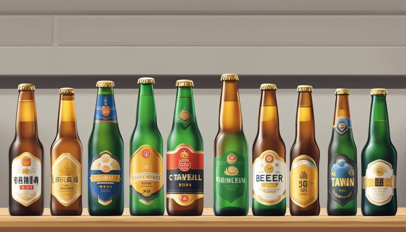 A row of Taiwan beer bottles with labels facing forward on a clean, well-lit shelf