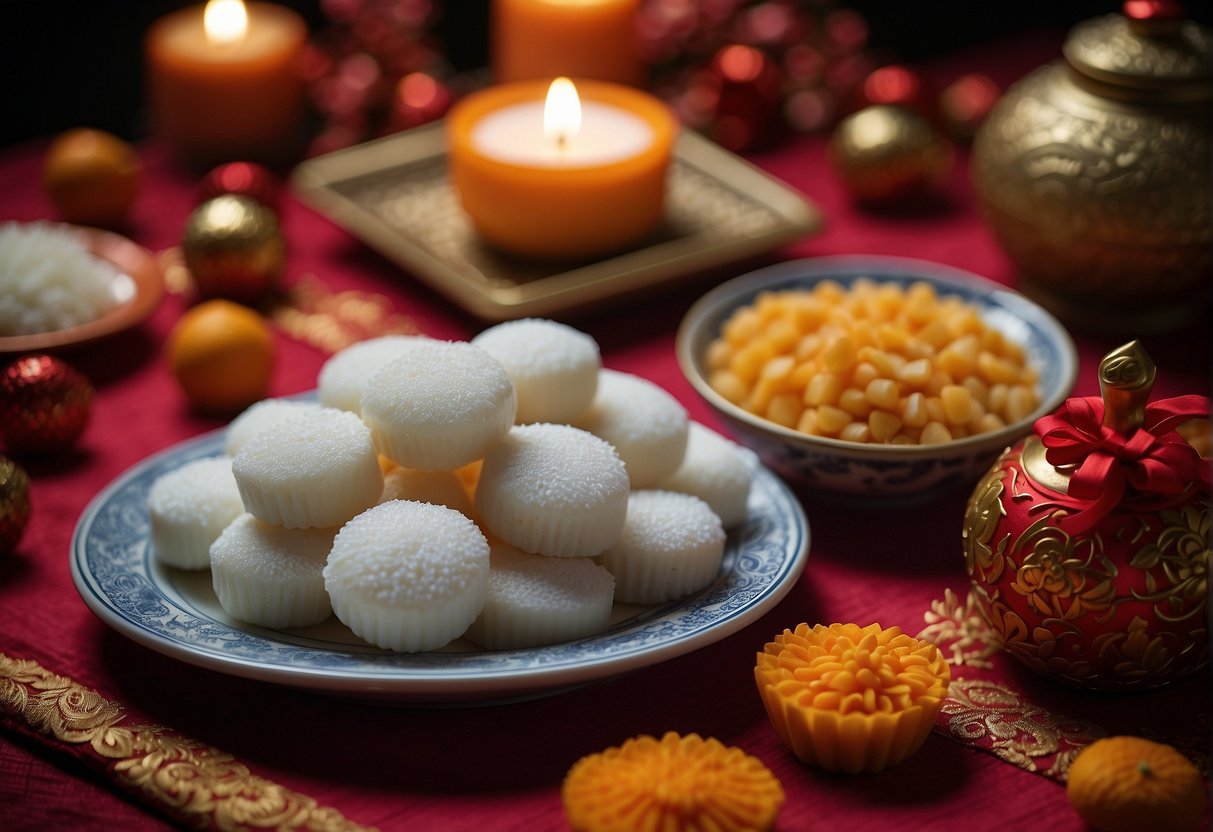 A table adorned with traditional Chinese glutinous rice flour treats, surrounded by festive decorations and symbols of cultural significance