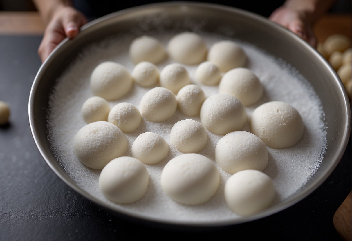 Mixing glutinous rice flour with water, forming a smooth dough. Rolling into small balls, then flattening into discs. Steaming until cooked