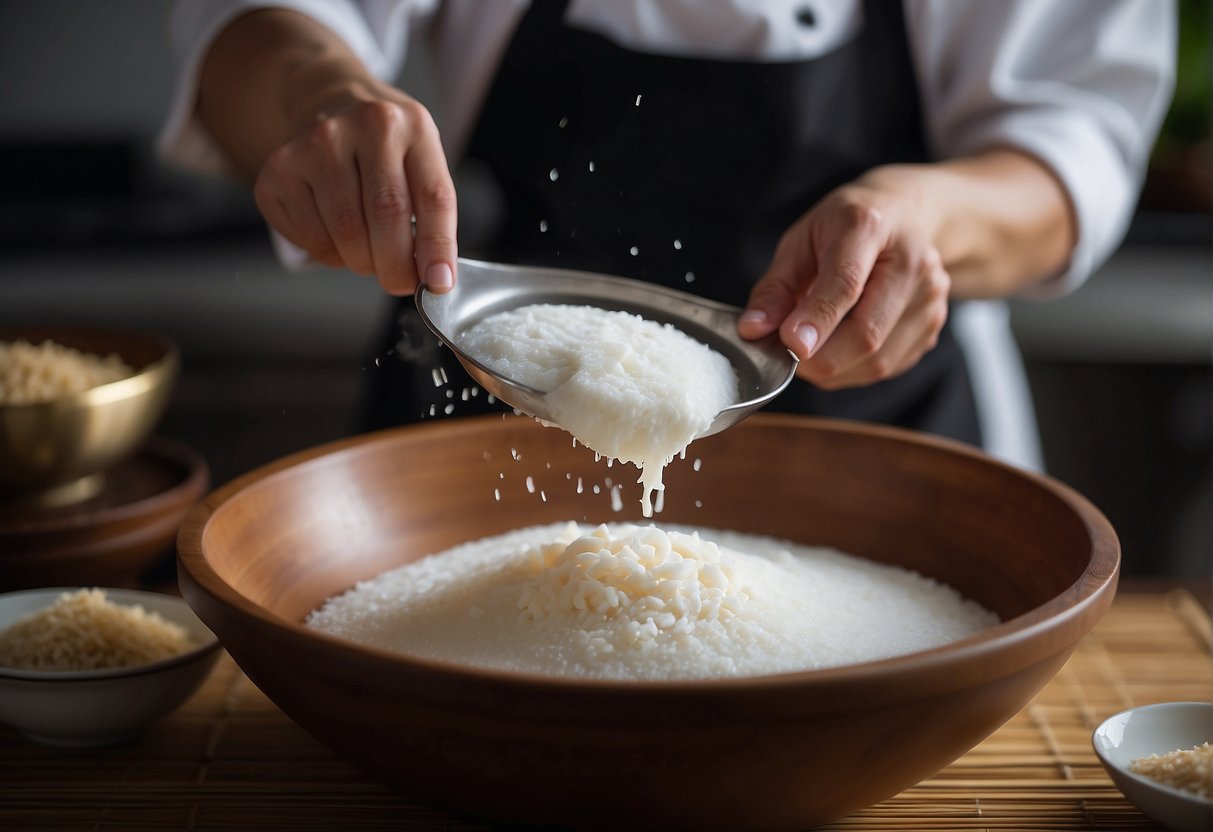 A chef mixes glutinous rice flour, sugar, and water in a bowl. Then, the mixture is steamed in a bamboo steamer until it becomes a sticky rice cake