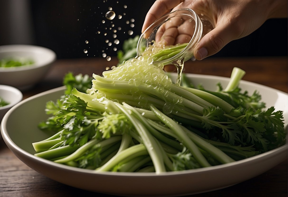 Chinese celery being washed, chopped, and mixed with sesame oil, soy sauce, and vinegar in a large bowl