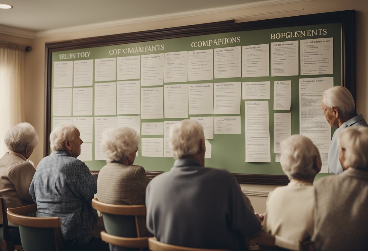 Residents gather around a bulletin board, pointing to lists of complaints against assisted living facilities