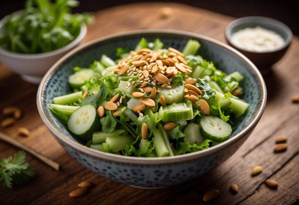 A vibrant bowl of Chinese celery salad, garnished with sesame seeds and sliced almonds, sits on a wooden table next to a pair of chopsticks