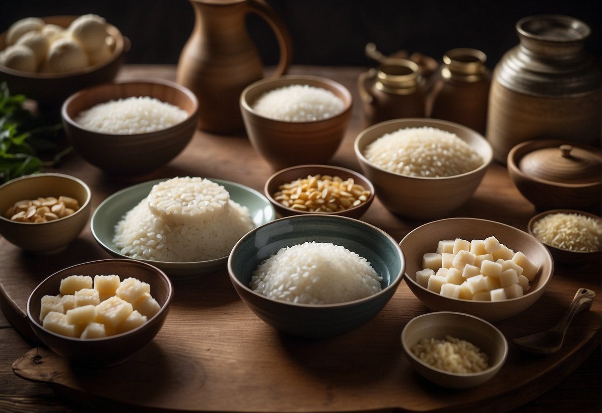 A table set with ingredients and utensils for making and storing glutinous rice cake