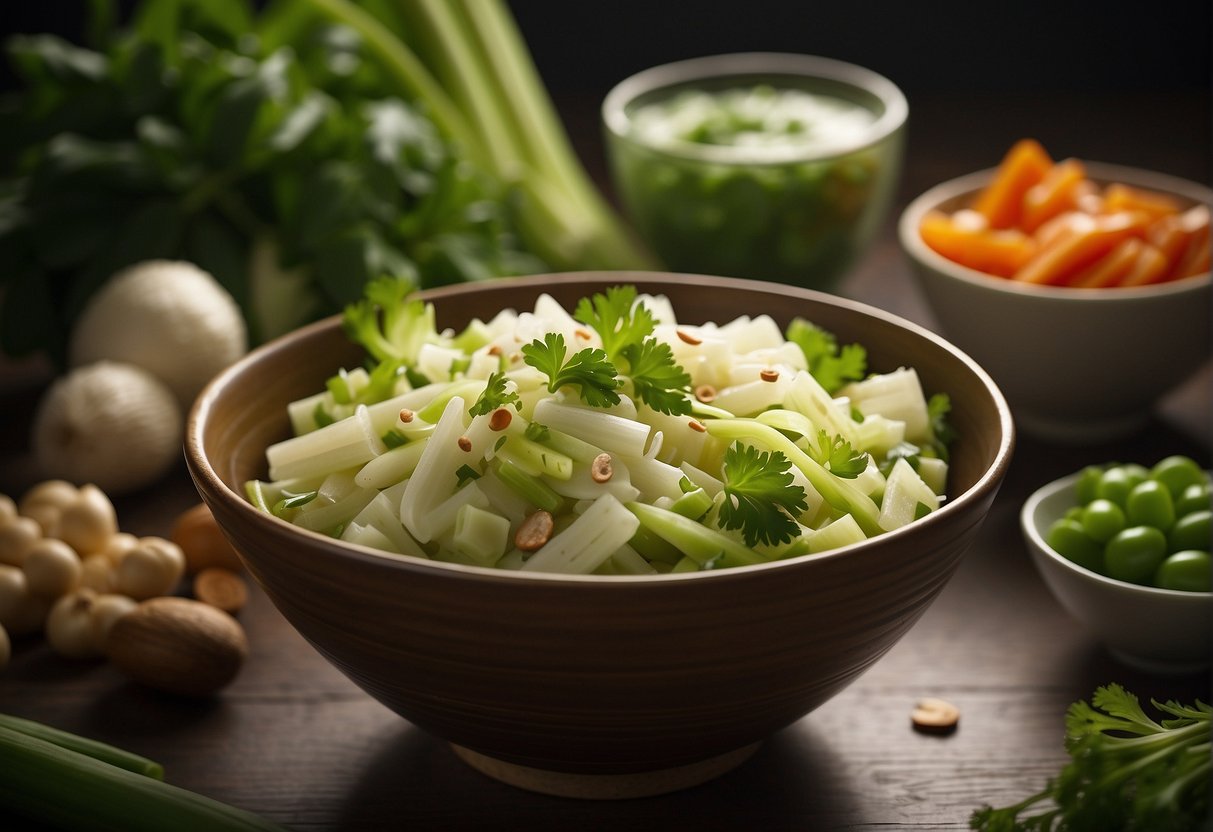 A bowl of Chinese celery salad surrounded by ingredients and a recipe card