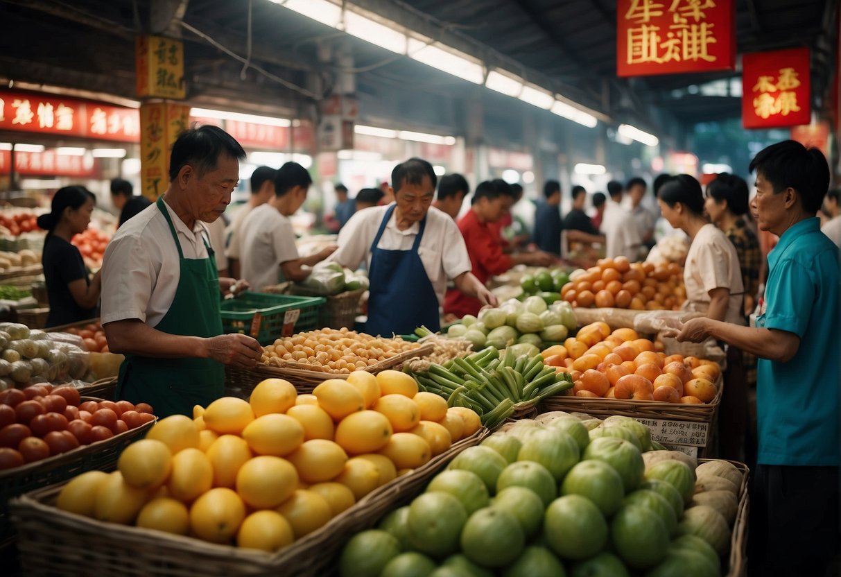 A bustling Chinese market with vendors selling ingredients for glutinous rice cake. Colorful packaging and fresh produce line the aisles, while customers browse for DIY tips