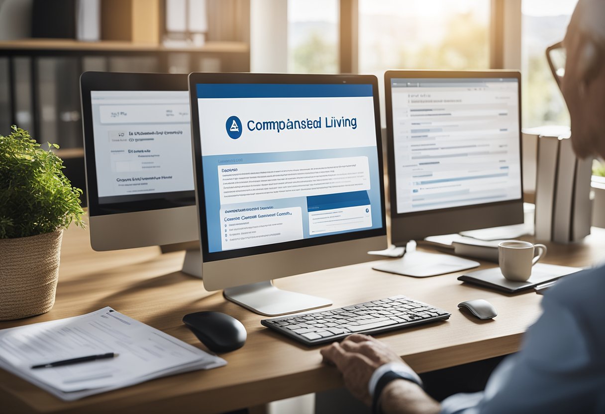 An office desk with a computer screen displaying a search engine query for "complaints against assisted living facilities" and a stack of accreditation and certification documents