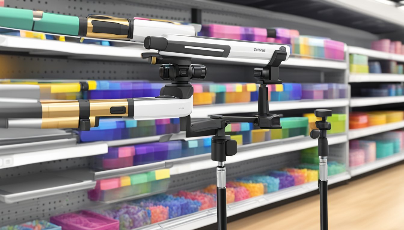 A selfie stick tripod stands on a store shelf at Best Buy